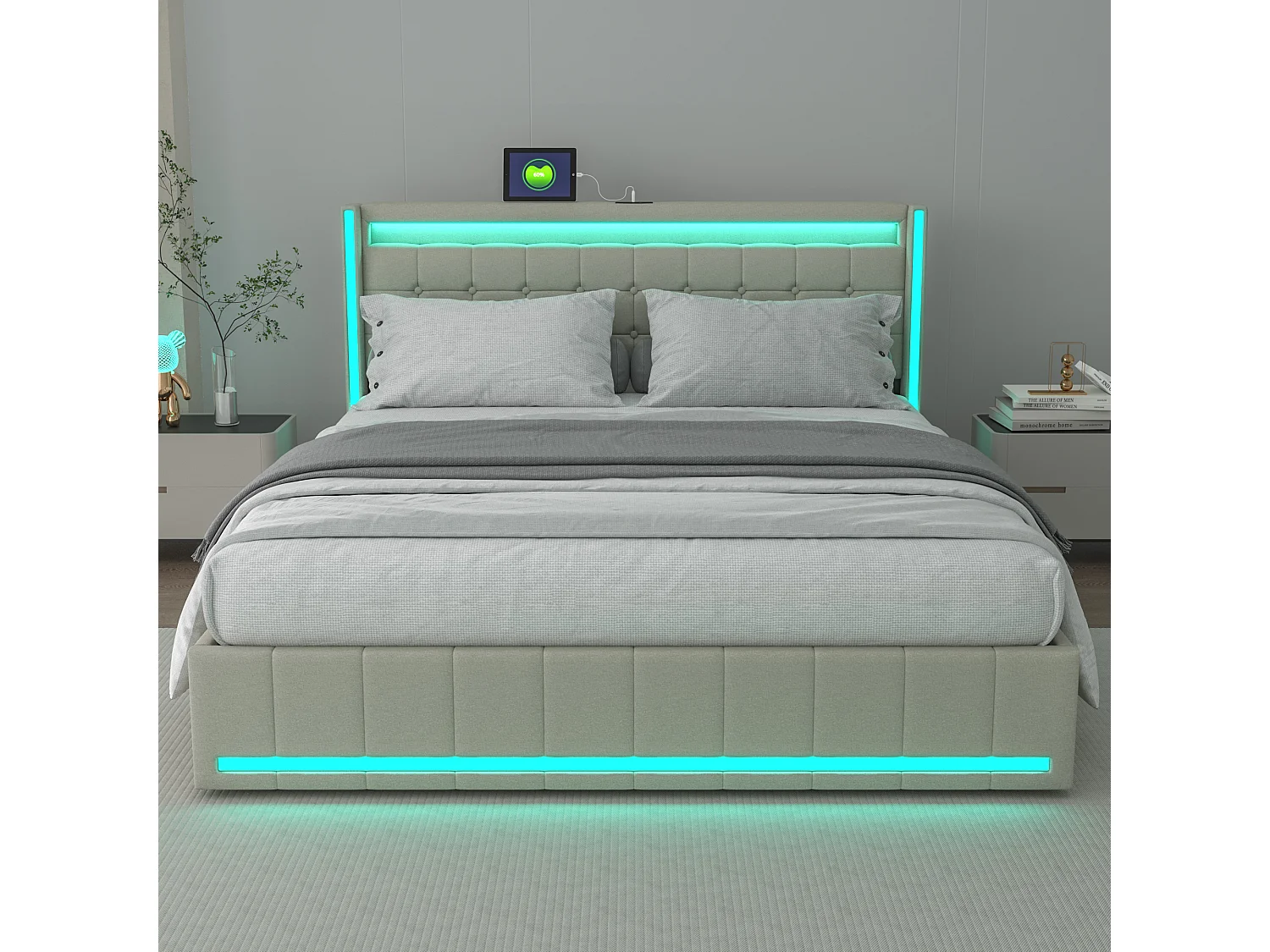 Lit Double 160x200cm - avec Éclairage LED et Charge USB - 4 Tiroirs - Lin - Beige