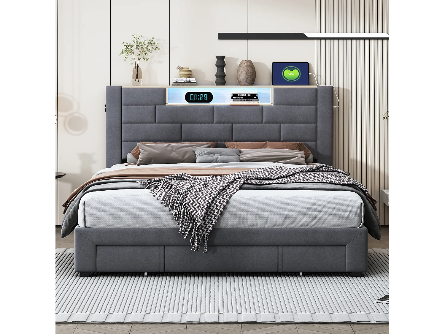 Cama de 160x200cm con 3 cajones y canapé - cabecero con espacio de almacenaje e iluminación LED - puertos USB y Tipo C - terciopelo - gris