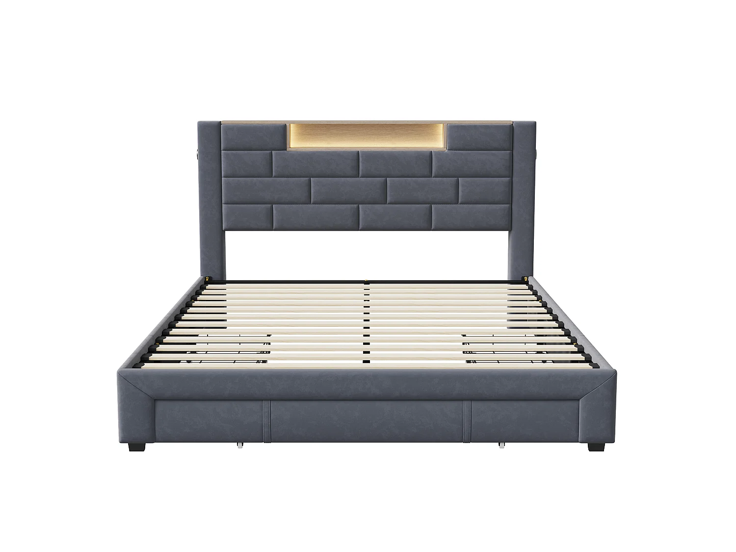 Lit coffre 160x200cm avec 3 tiroirs - tête de lit avec espace de rangement et éclairage LED - ports USB et Type-C - velours - gris