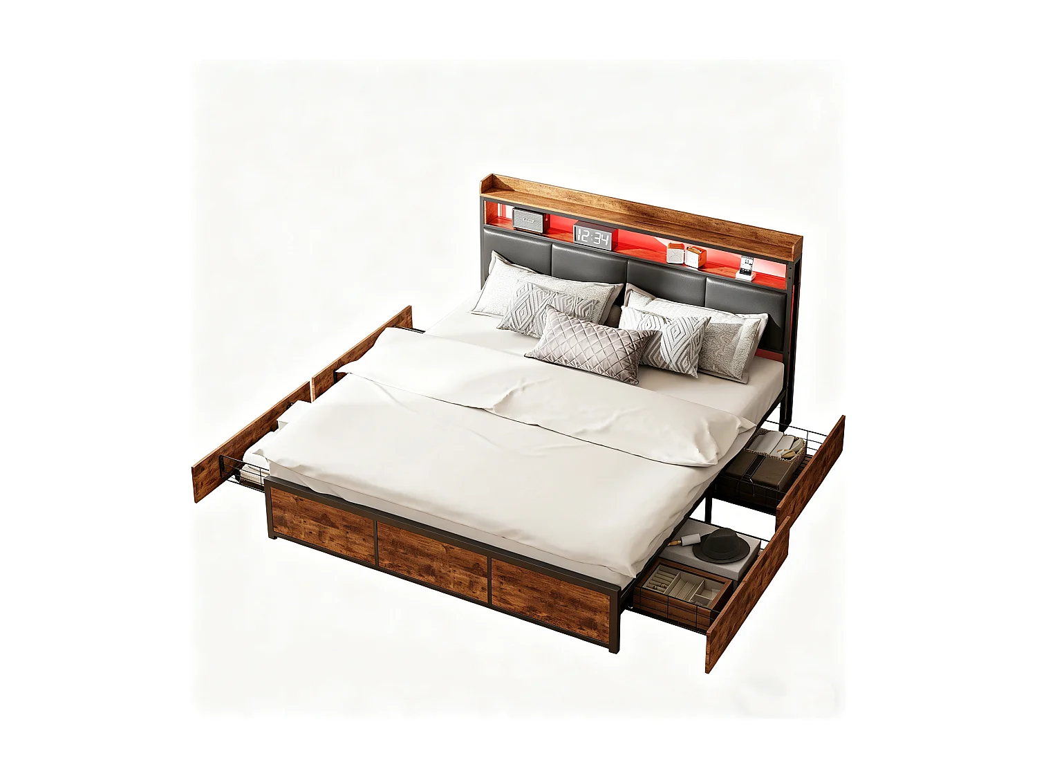 Cama doble 140 x 200 cm - con iluminación LED y 4 cajones - cabecero PU - negro