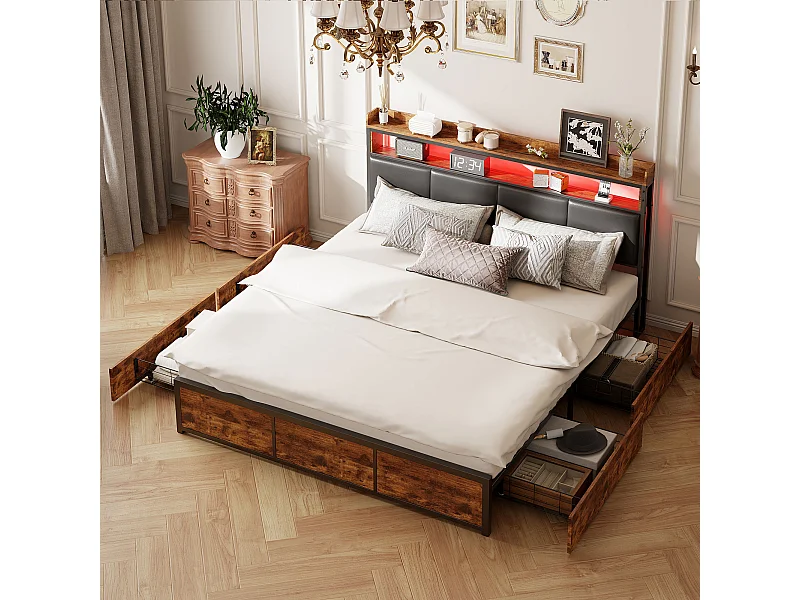 Lit double 140 x 200 cm - avec éclairage LED et 4 tiroirs - Tête de lit en PU - noir