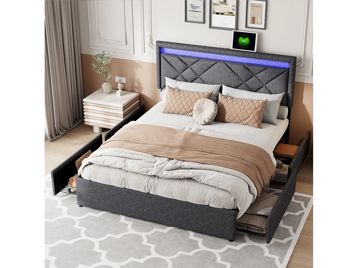 Lit double 160 x 200 cm avec éclairage LED et port USB - tête de lit réglable en hauteur - 4 tiroirs - lin - gris