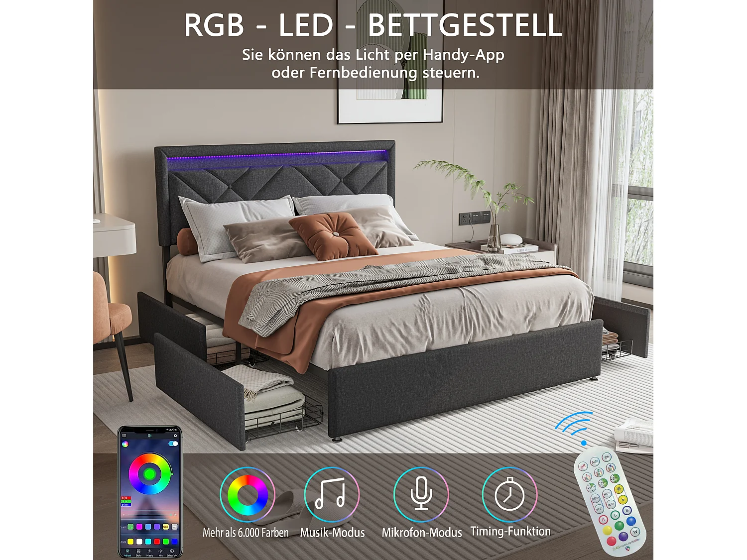 Lit double 160 x 200 cm avec éclairage LED et port USB - tête de lit réglable en hauteur - 4 tiroirs - lin - gris