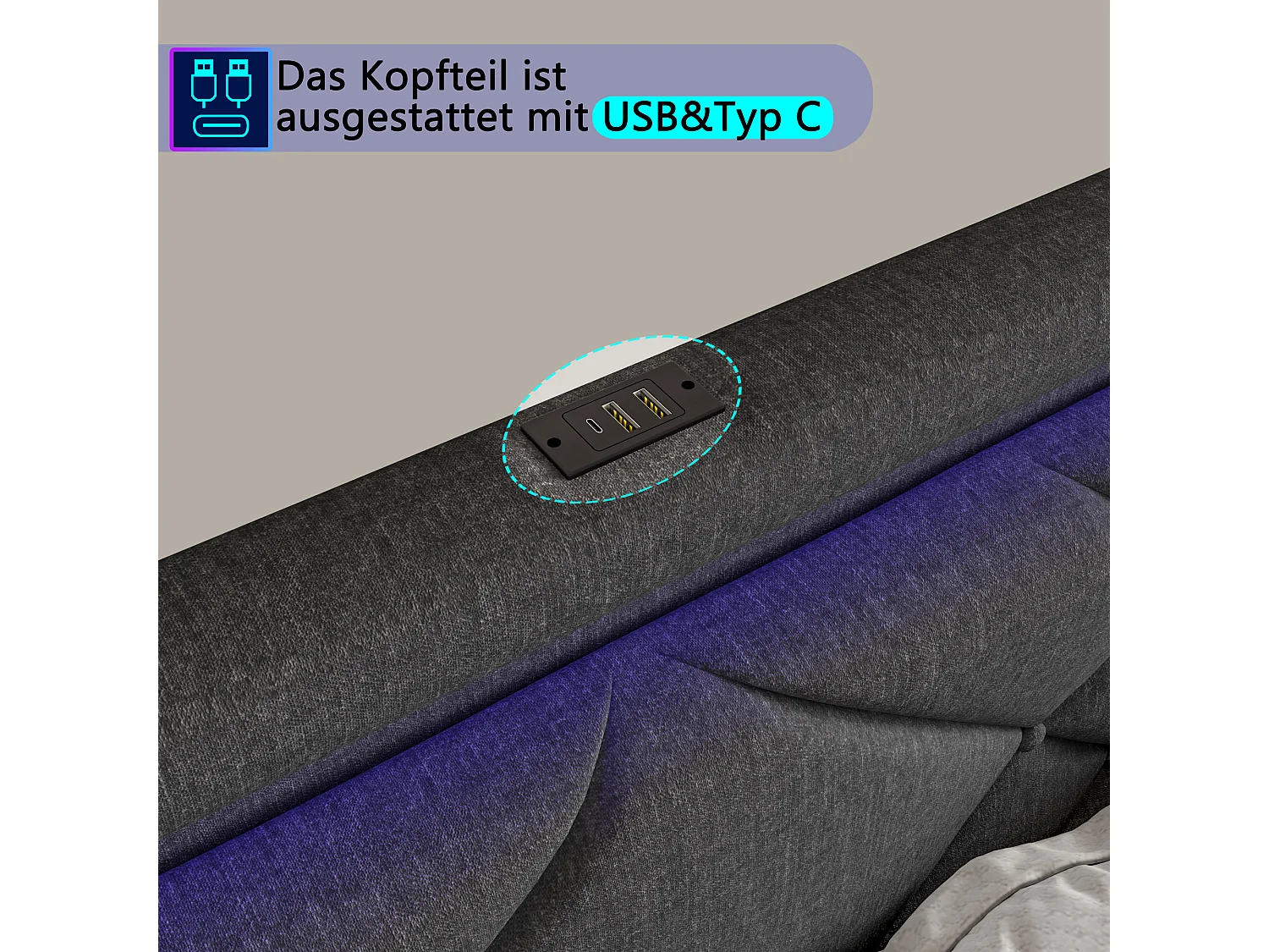 Lit double 160 x 200 cm avec éclairage LED et port USB - tête de lit réglable en hauteur - 4 tiroirs - lin - gris