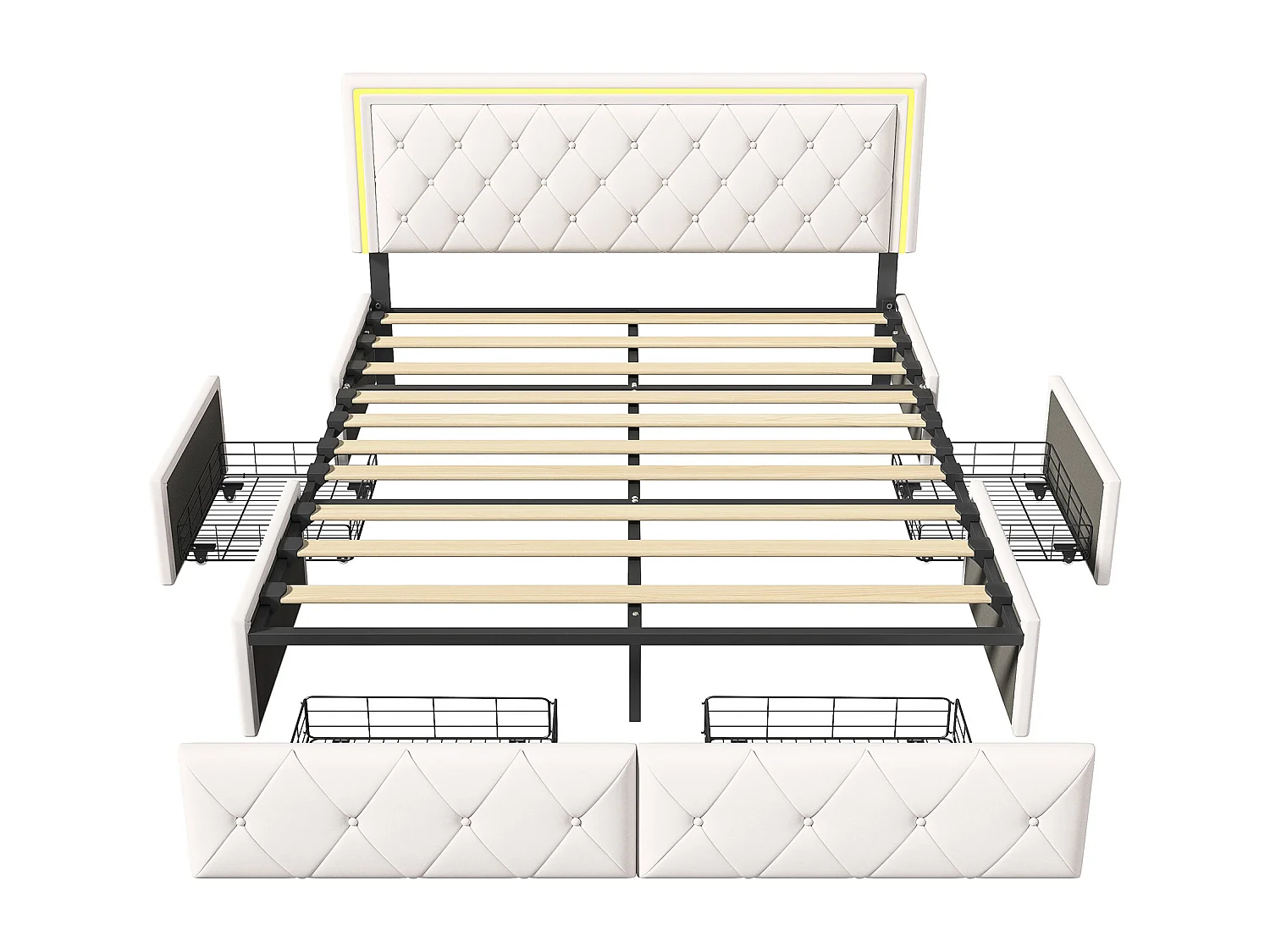 Lit coffre 160x200 cm avec éclairage LED et 4 tiroirs - tête de lit réglable - PU - blanc cassé