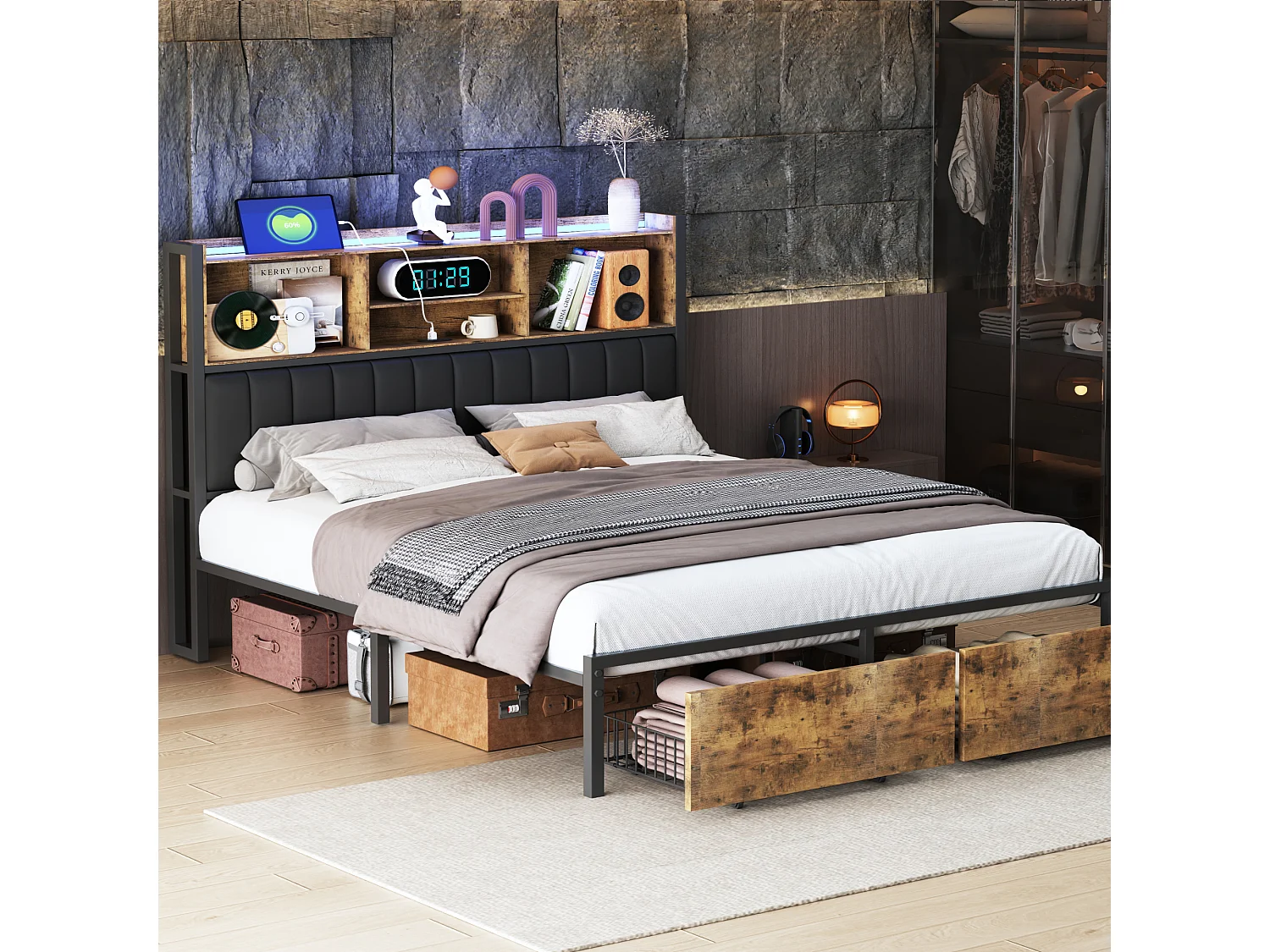 Lit double 160 x 200 cm avec 2 tiroirs - Éclairage LED et port USB - Tête de lit avec espace de rangement - Noir