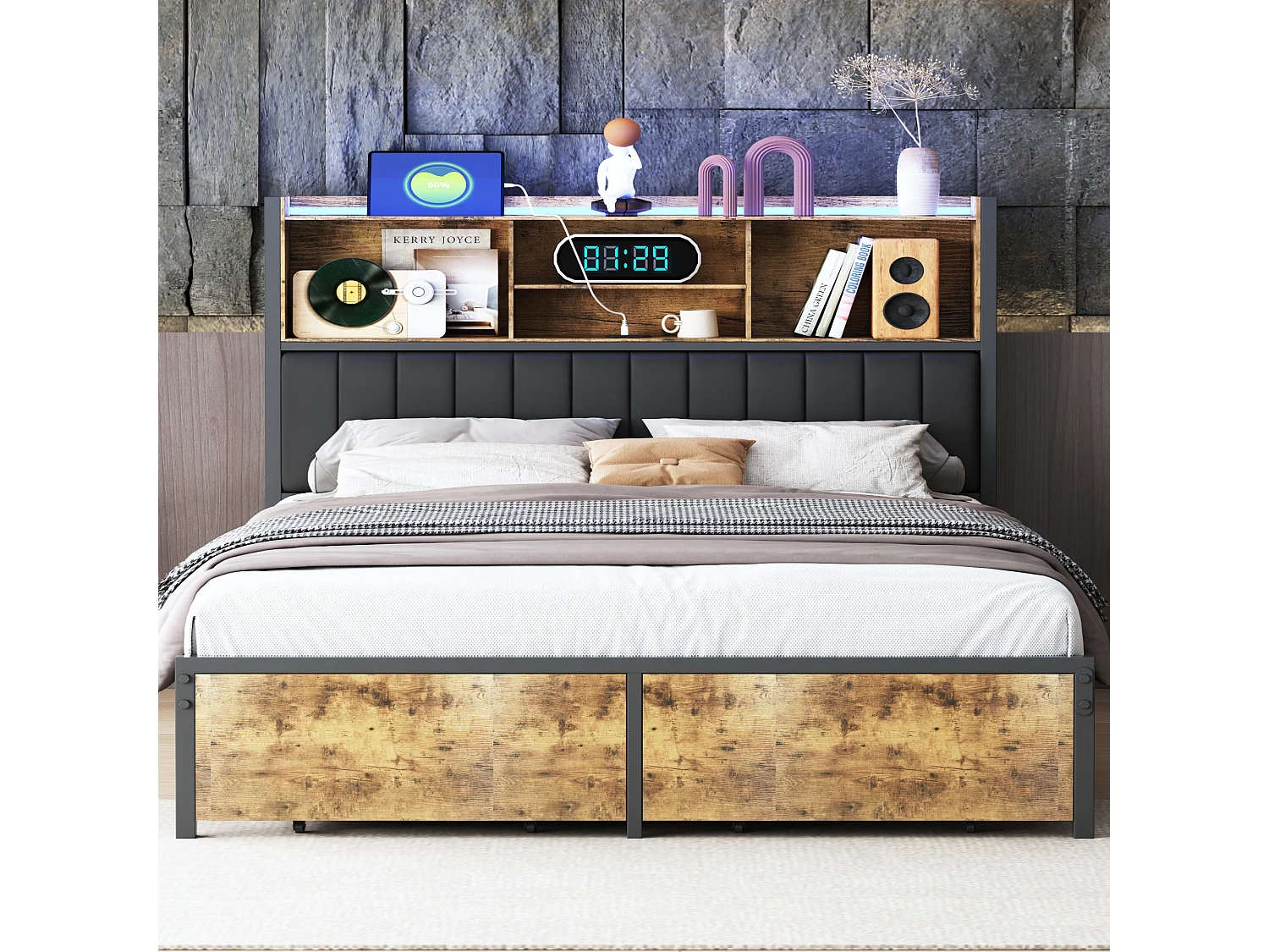 Lit double 160 x 200 cm avec 2 tiroirs - Éclairage LED et port USB - Tête de lit avec espace de rangement - Noir