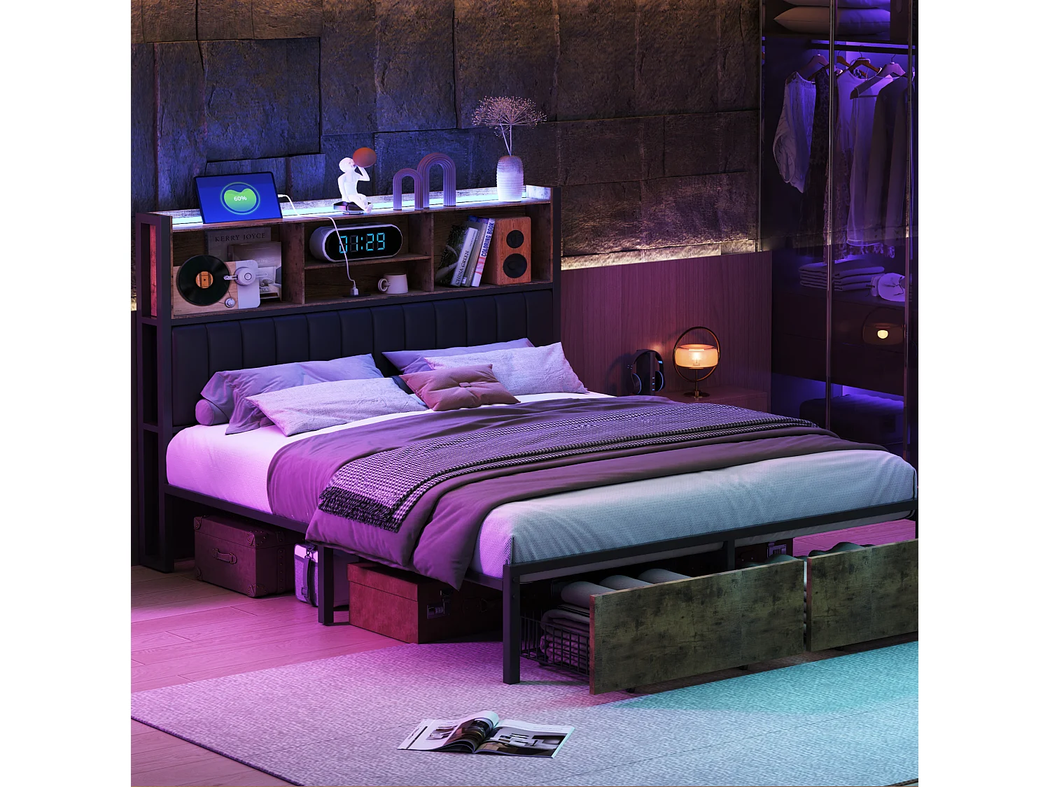 Lit double 160 x 200 cm avec 2 tiroirs - Éclairage LED et port USB - Tête de lit avec espace de rangement - Noir