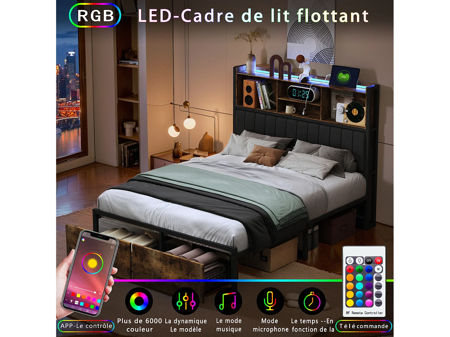 Lit double 160 x 200 cm avec 2 tiroirs - Éclairage LED et port USB - Tête de lit avec espace de rangement - Noir