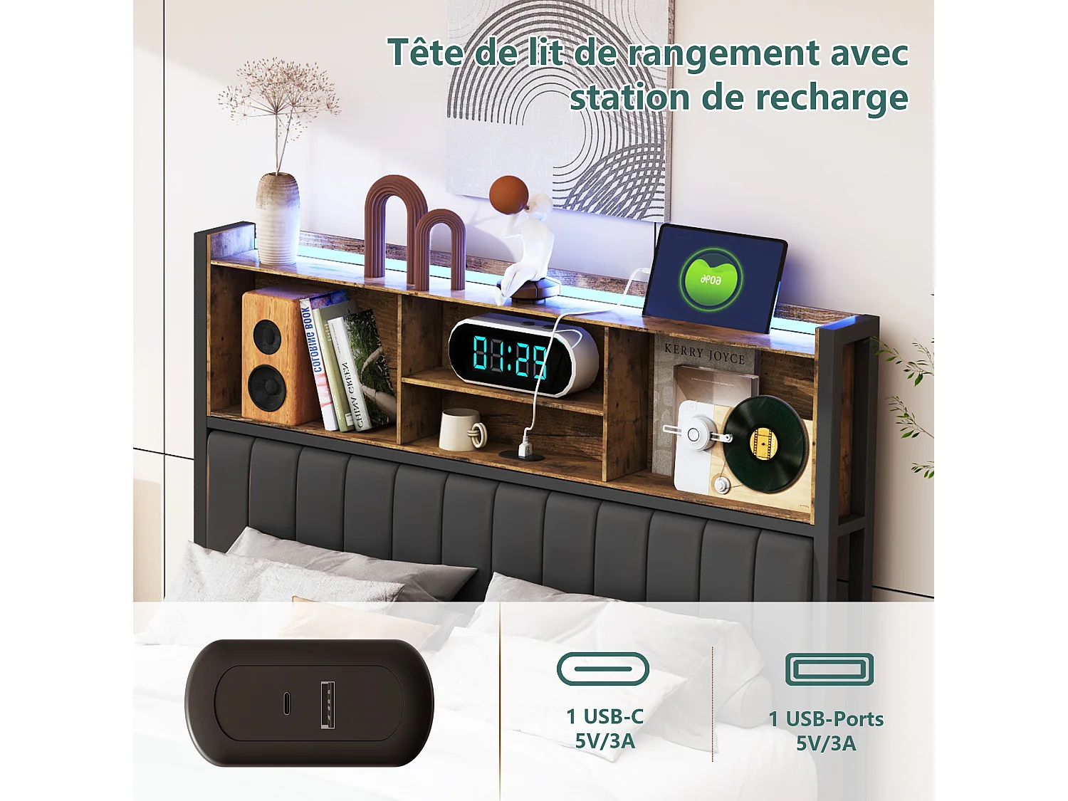 Lit double 160 x 200 cm avec 2 tiroirs - Éclairage LED et port USB - Tête de lit avec espace de rangement - Noir