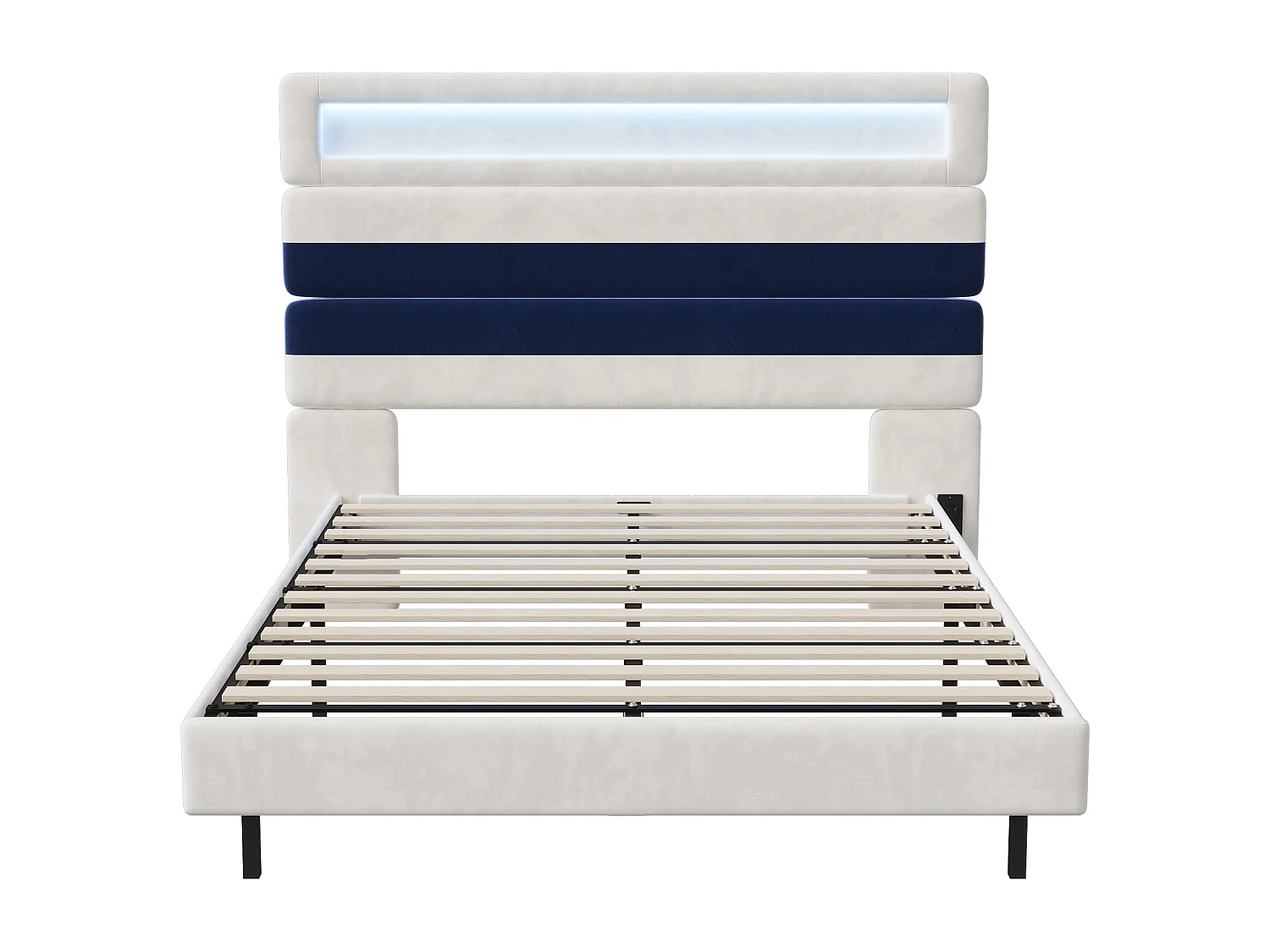 Lit double 140x190cm avec éclairage LED et interface USB/Type-C - tête de lit rayée à hauteur réglable - velours - blanc cassé