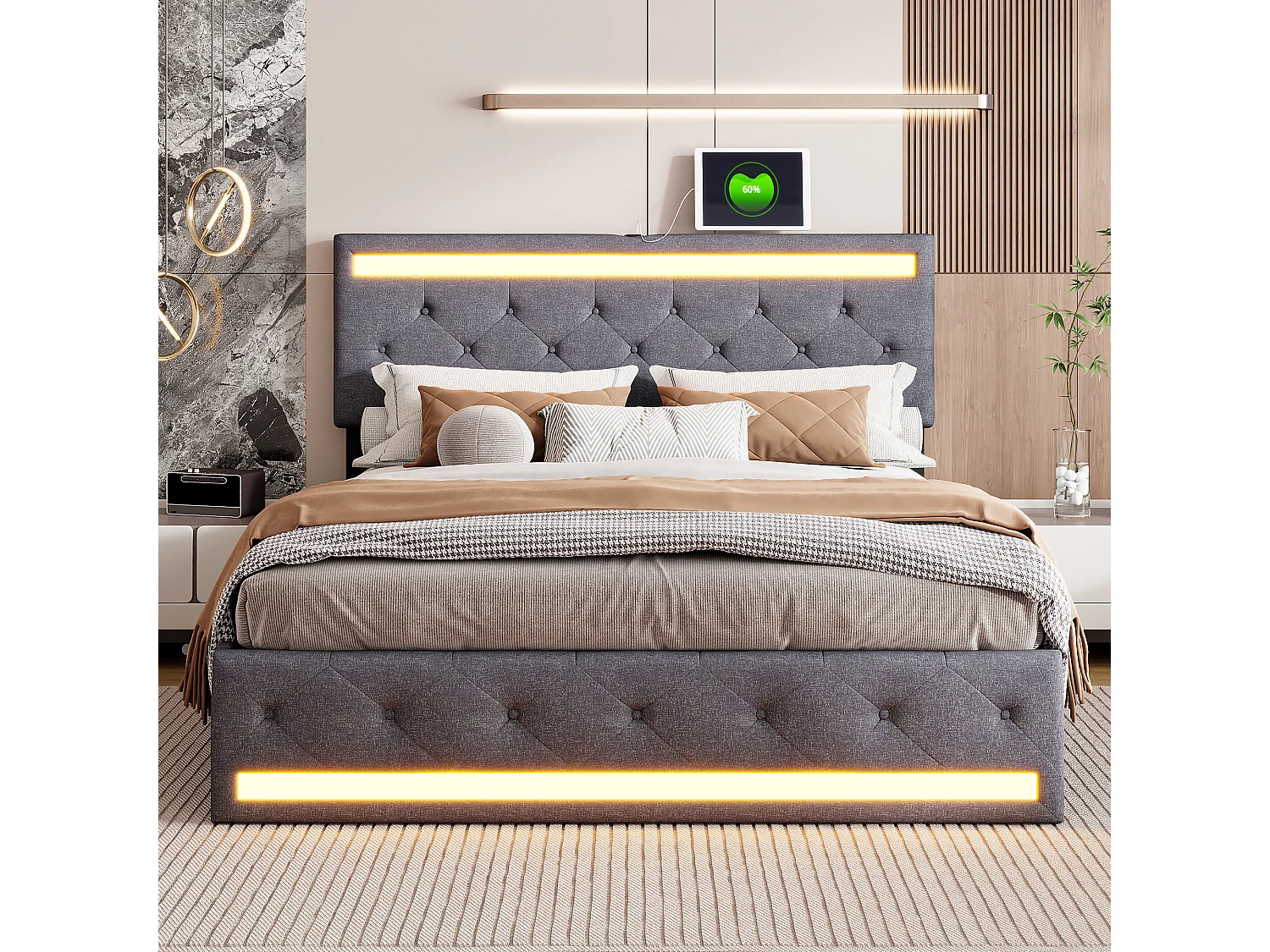 Lit double 160 x 200 cm - avec éclairage LED et port USB - tête de lit réglable en hauteur - 4 tiroirs - lin - gris