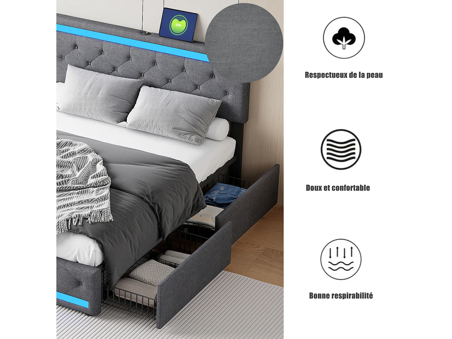 Lit double 160 x 200 cm - avec éclairage LED et port USB - tête de lit réglable en hauteur - 4 tiroirs - lin - gris