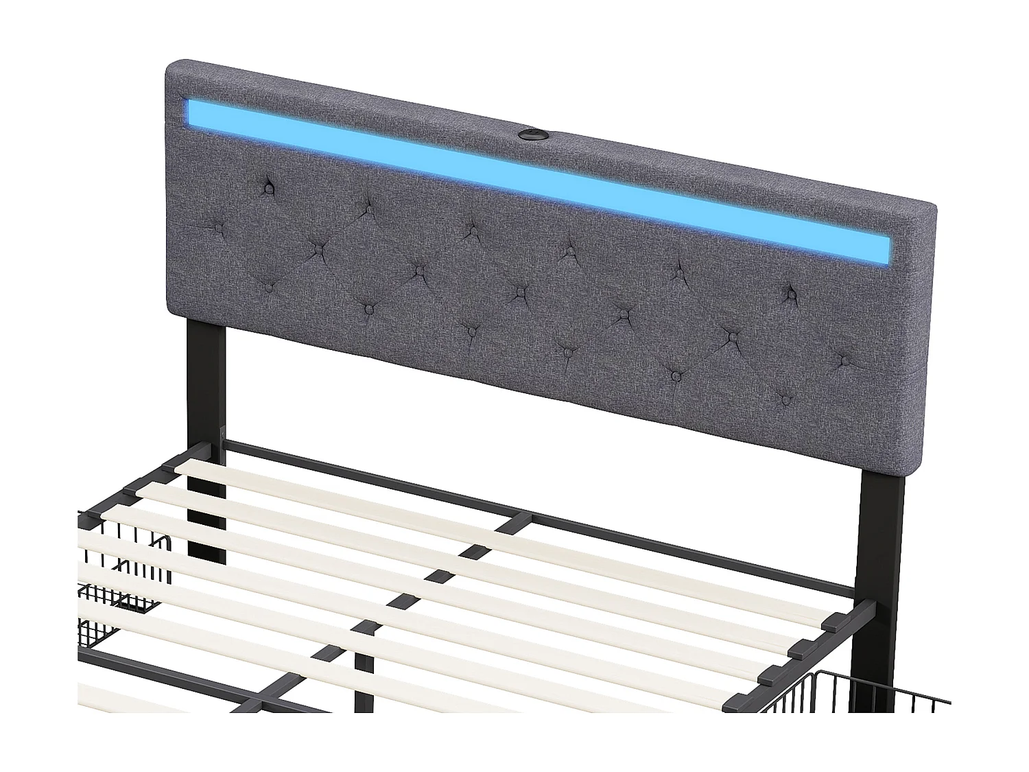 Lit double 160 x 200 cm - avec éclairage LED et port USB - tête de lit réglable en hauteur - 4 tiroirs - lin - gris