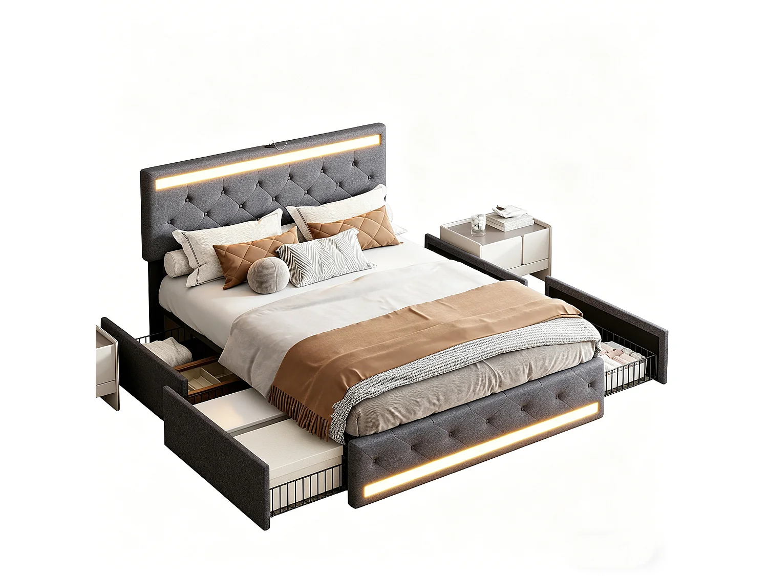 Lit double 160 x 200 cm - avec éclairage LED et port USB - tête de lit réglable en hauteur - 4 tiroirs - lin - gris