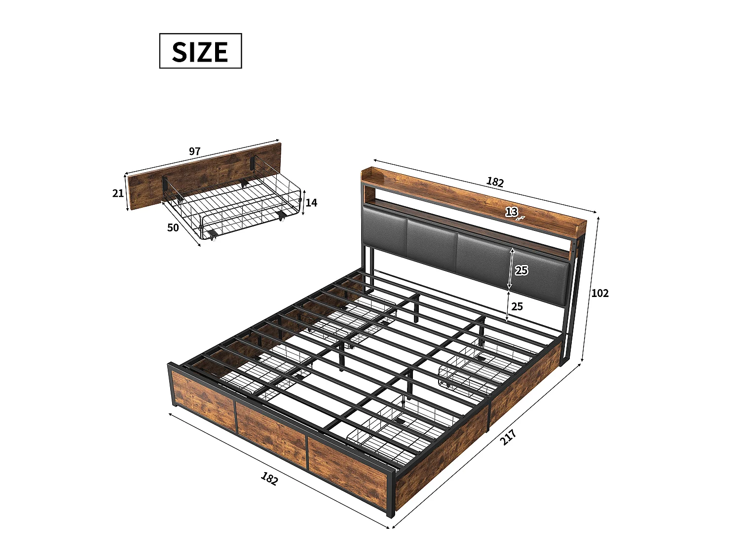 Lit double 180 x 200 cm - avec éclairage LED et 4 tiroirs - Tête de lit en PU - noir