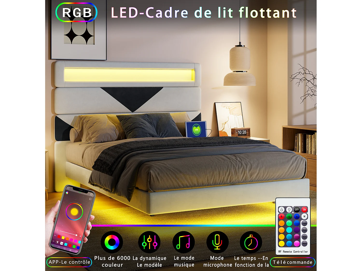 Lit double 160 x 200 cm - lit suspendu avec éclairage LED - tête de lit réglable et port USB - velours - blanc