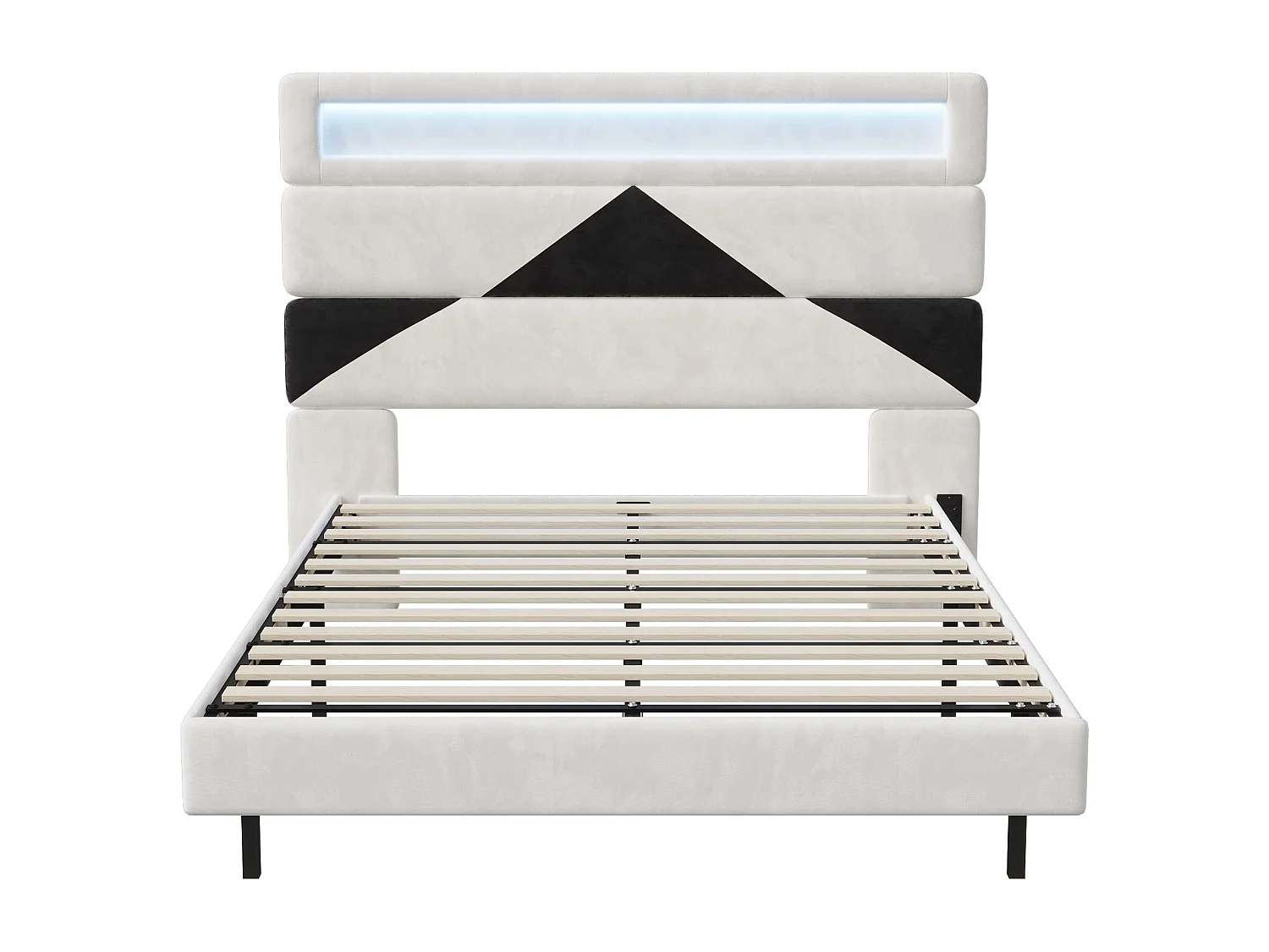 Lit double 160 x 200 cm - lit suspendu avec éclairage LED - tête de lit réglable et port USB - velours - blanc