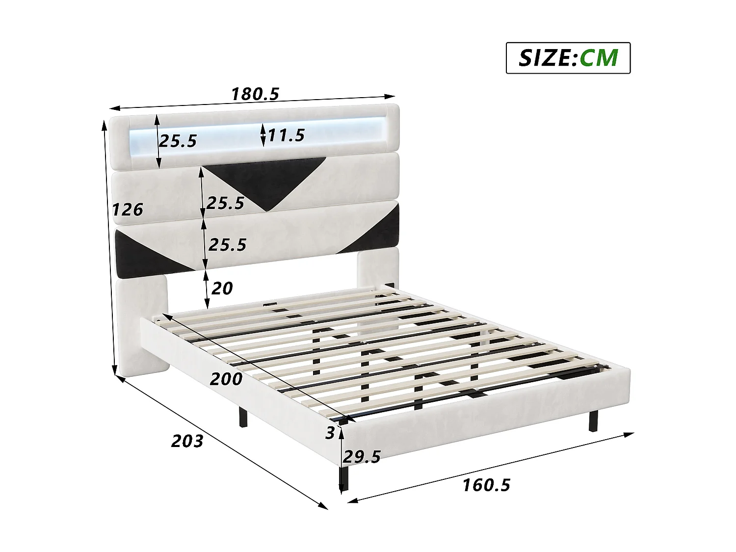 Lit double 160 x 200 cm - lit suspendu avec éclairage LED - tête de lit réglable et port USB - velours - blanc