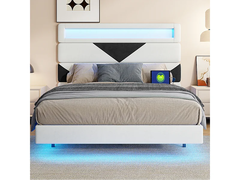 Lit double 160 x 200 cm - lit suspendu avec éclairage LED - tête de lit réglable et port USB - velours - blanc
