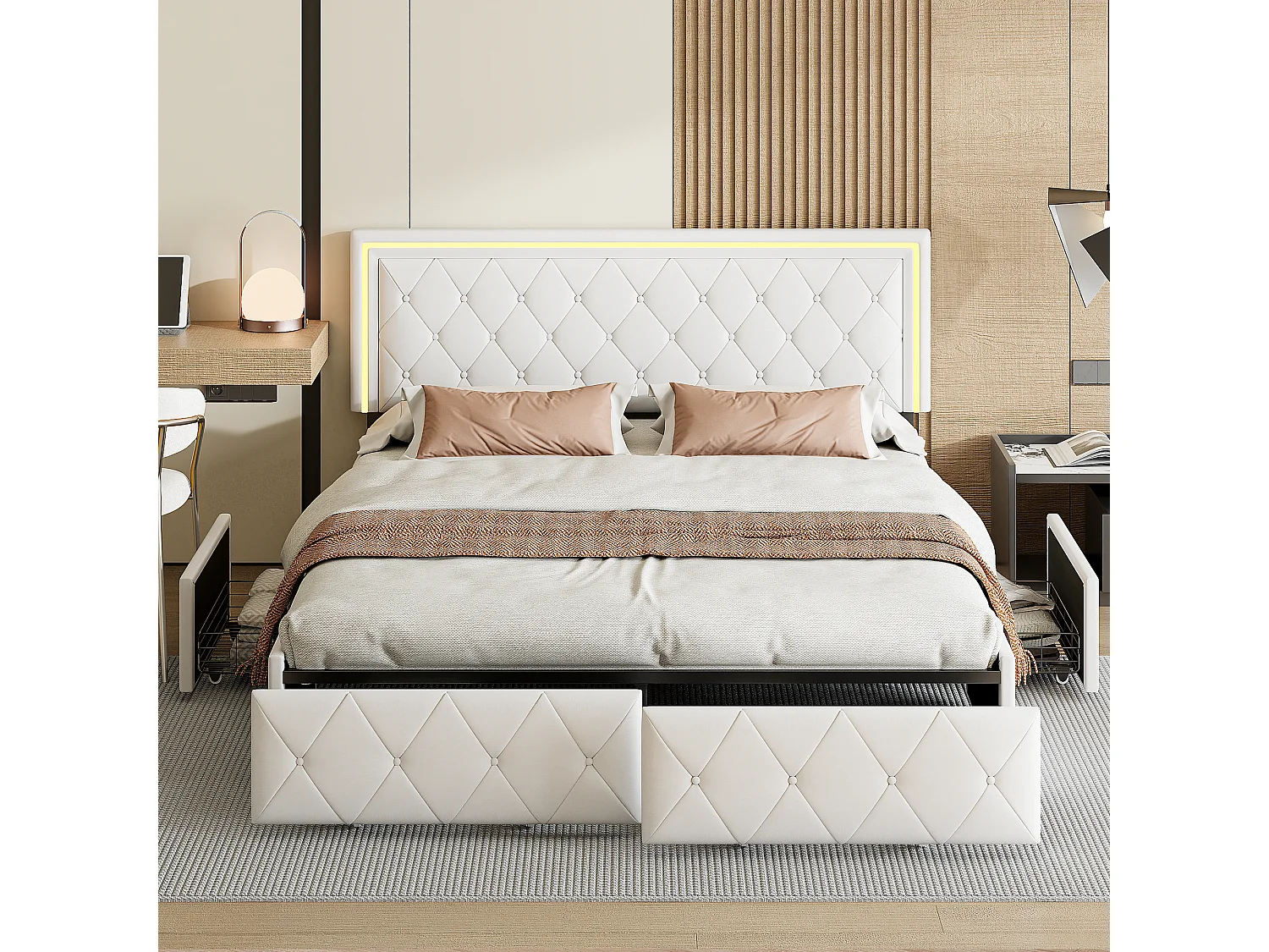 Lit double 140x200 cm avec éclairage LED et 4 tiroirs - tête de lit réglable - PU - blanc cassé