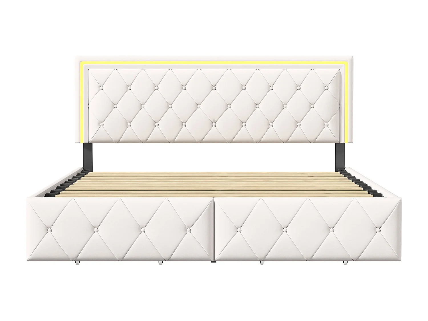 Lit double 140x200 cm avec éclairage LED et 4 tiroirs - tête de lit réglable - PU - blanc cassé