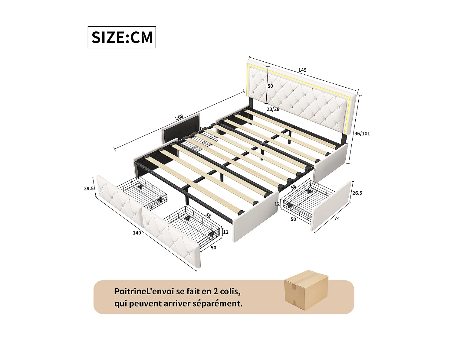 Lit double 140x200 cm avec éclairage LED et 4 tiroirs - tête de lit réglable - PU - blanc cassé
