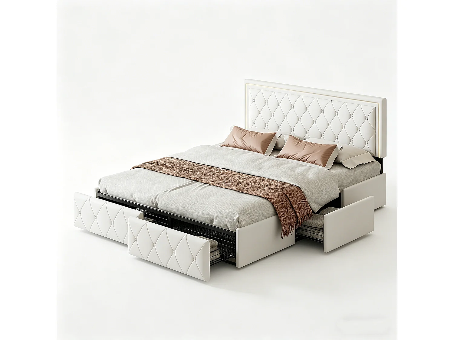 Lit double 140x200 cm avec éclairage LED et 4 tiroirs - tête de lit réglable - PU - blanc cassé