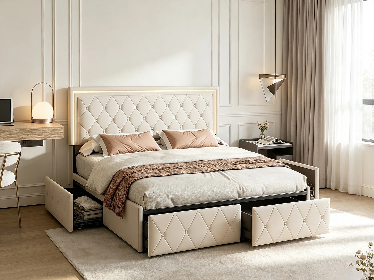 Cama de casal 140 x 200 cm com iluminação LED e 4 gavetas – cabeceira ajustável – PU – Branco creme