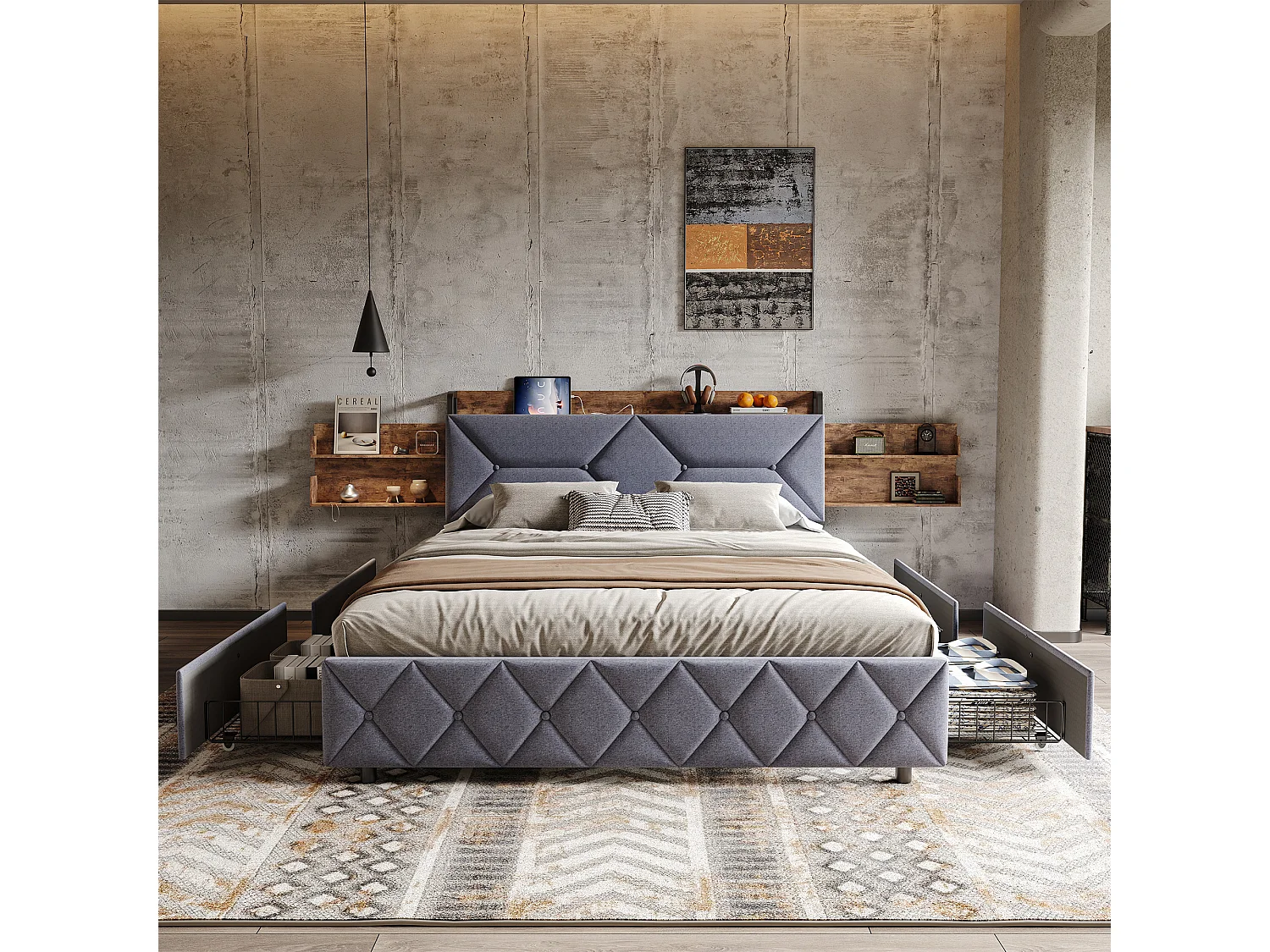 Cama para adultos de 160 x 200 cm con 4 cajones - cabecero con estante de almacenamiento y puerto USB/Tipo C - gris