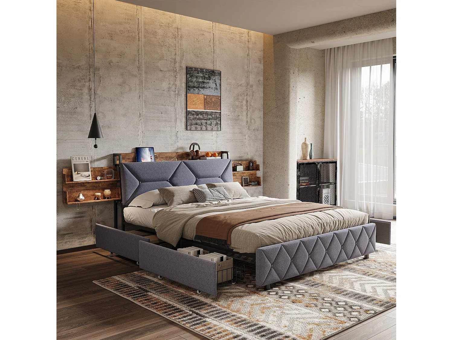 Cama para adultos de 160 x 200 cm con 4 cajones - cabecero con estante de almacenamiento y puerto USB/Tipo C - gris