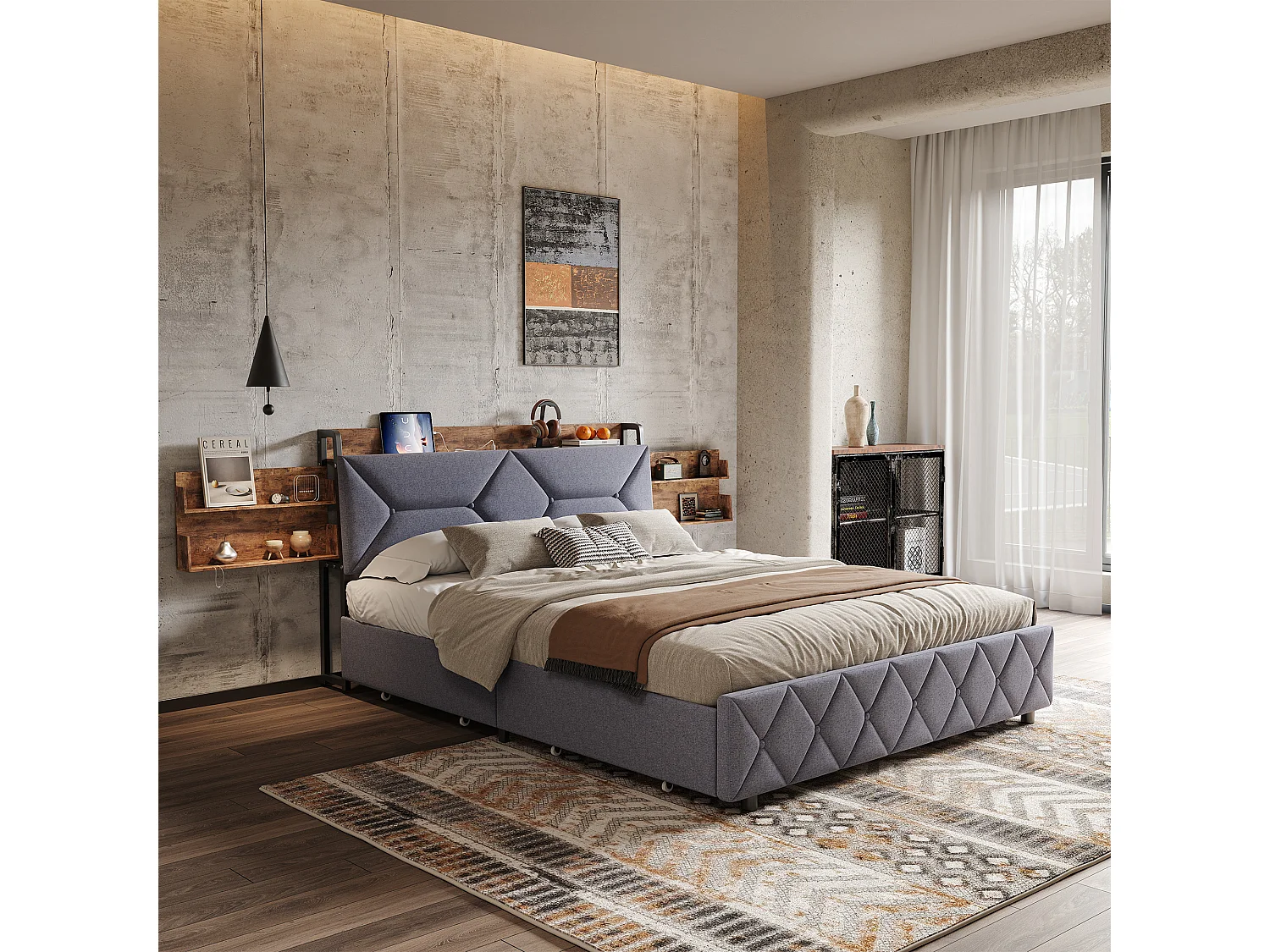 Cama para adultos de 160 x 200 cm con 4 cajones - cabecero con estante de almacenamiento y puerto USB/Tipo C - gris