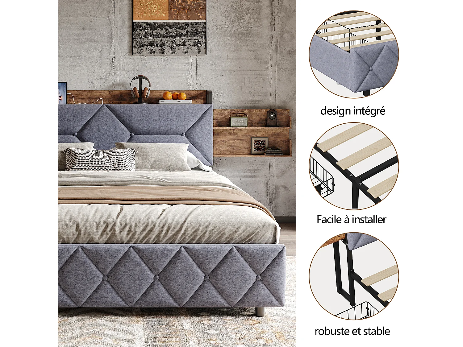 Cama para adultos de 160 x 200 cm con 4 cajones - cabecero con estante de almacenamiento y puerto USB/Tipo C - gris