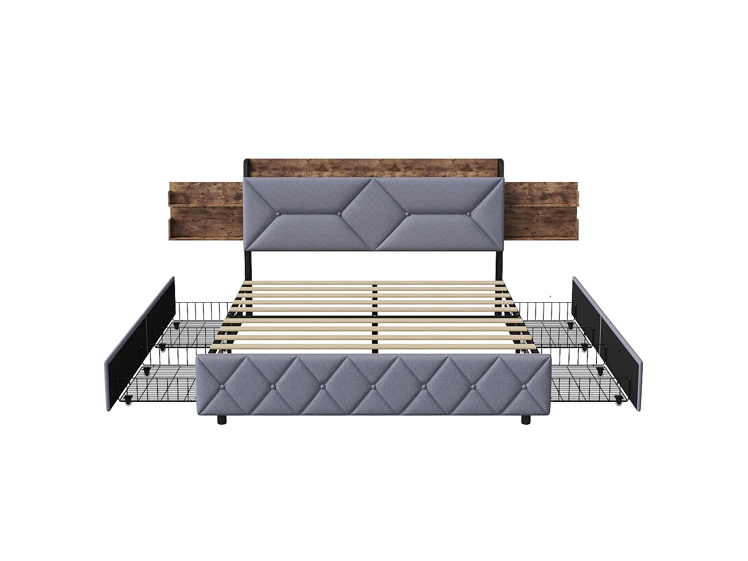Volwassenenbed 160 x 200 cm met 4 lades – hoofdbord met opbergvak en USB/Type-C-poort – grijs