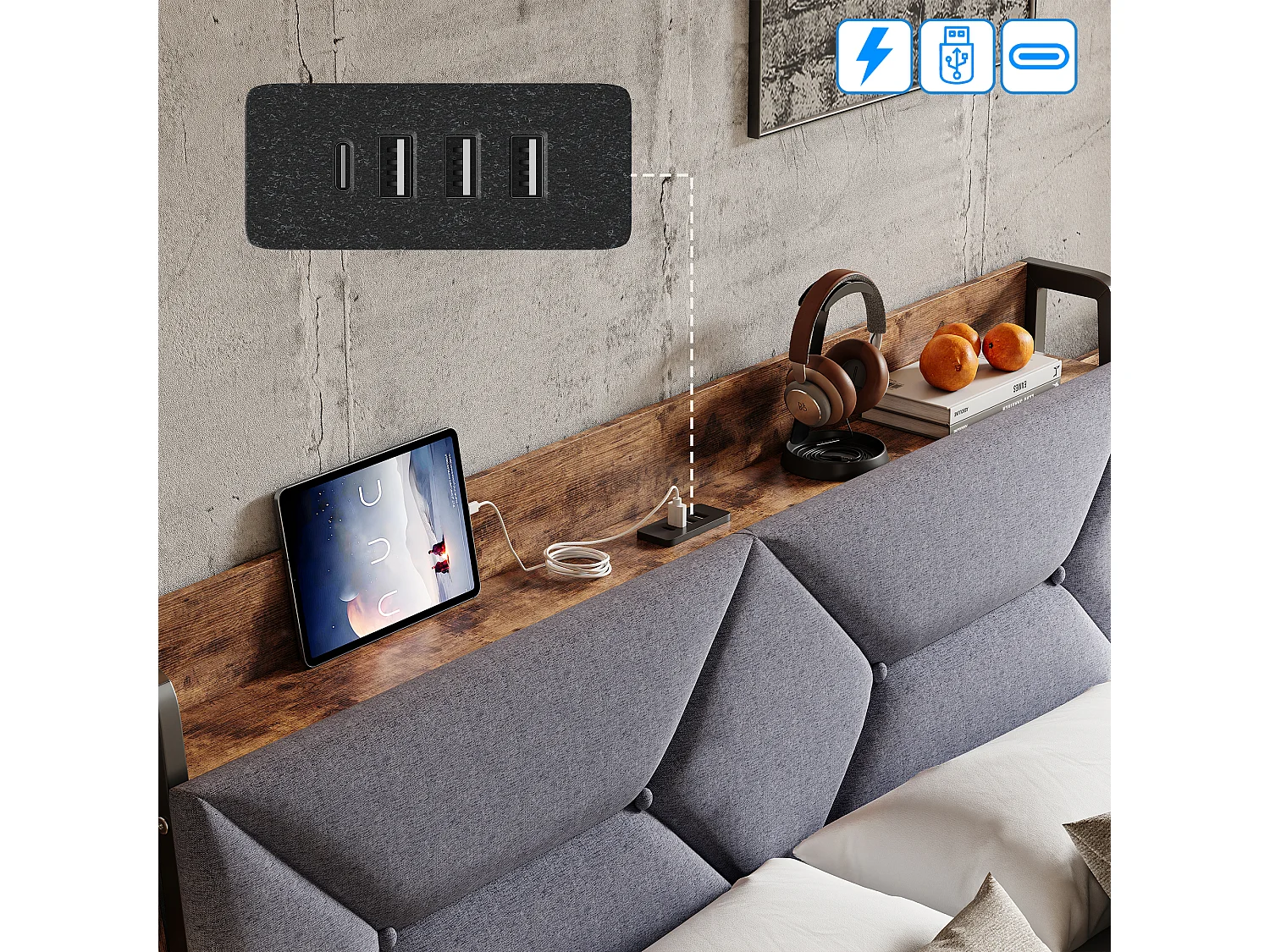 Volwassenenbed 160 x 200 cm met 4 lades – hoofdbord met opbergvak en USB/Type-C-poort – grijs