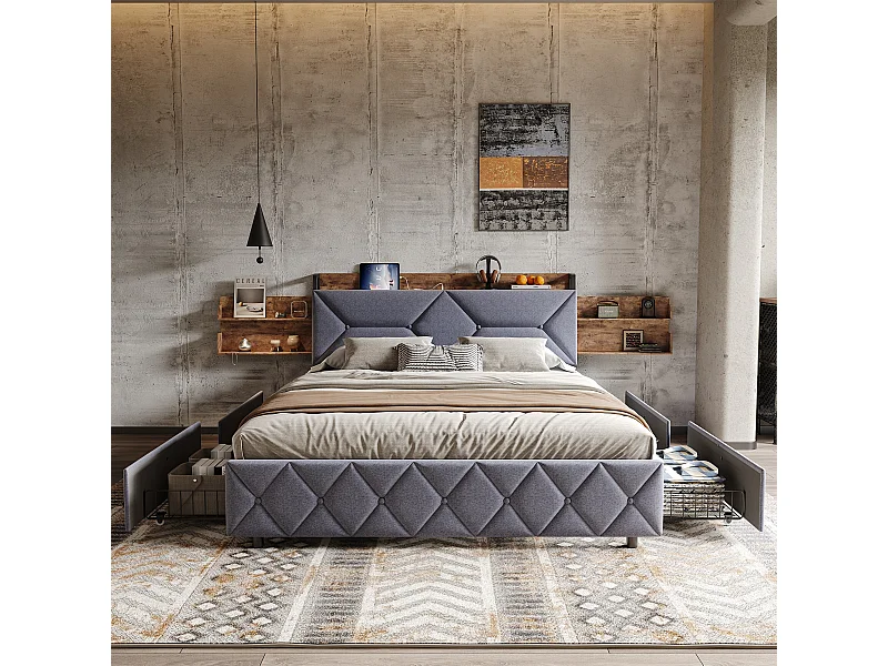 Lit adulte 160 x 200 cm avec 4 tiroirs - tête de lit avec étagère de rangement et port USB/Type-C - gris