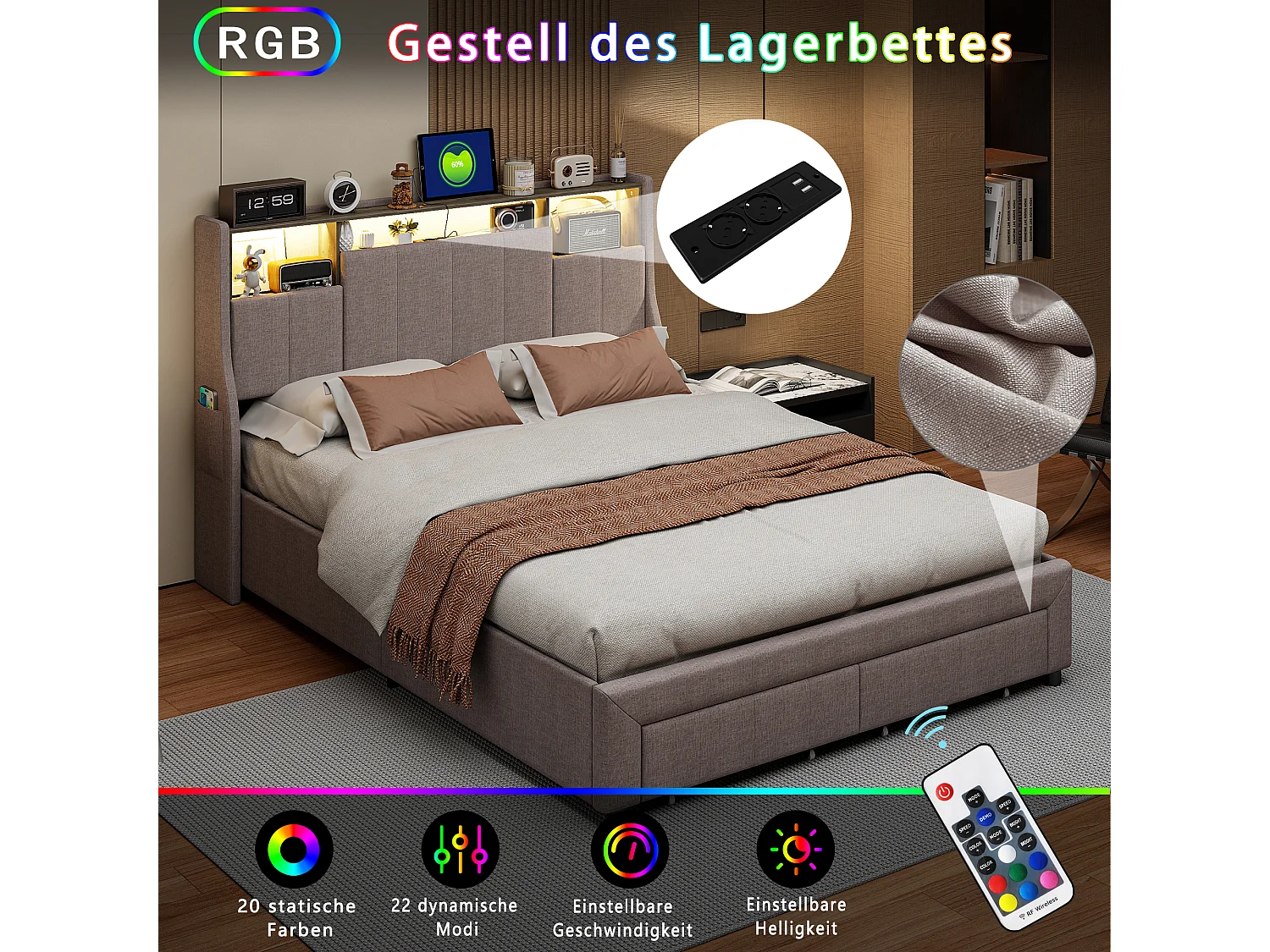 Cama doble 160x200cm con LED y puertos USB - 2 cajones - cabecero con espacio de almacenamiento - lino - gris