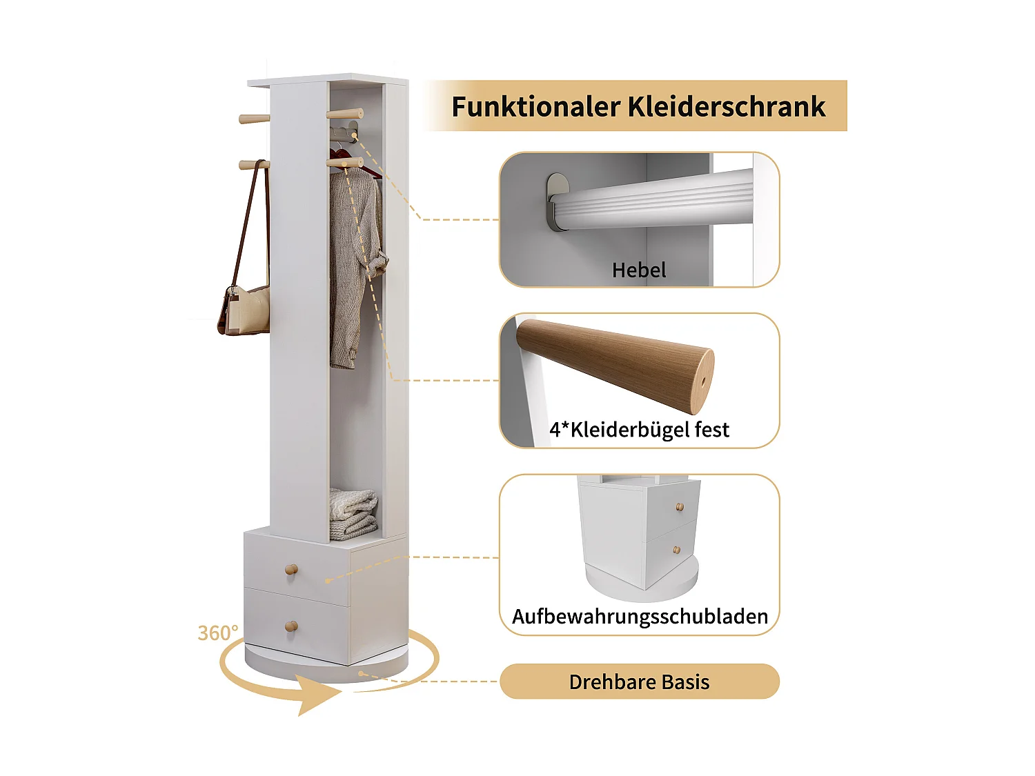 Espejo de pie 3 en 1, giratorio 360°, de madera maciza, con armario y 2 cajones, 160 x 45 cm