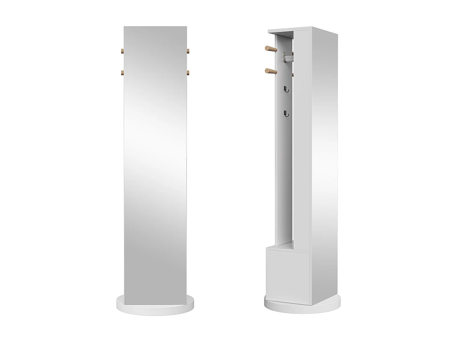 Espejo de pie 3 en 1, giratorio 360°, de madera maciza, con armario y 2 cajones, 160 x 45 cm