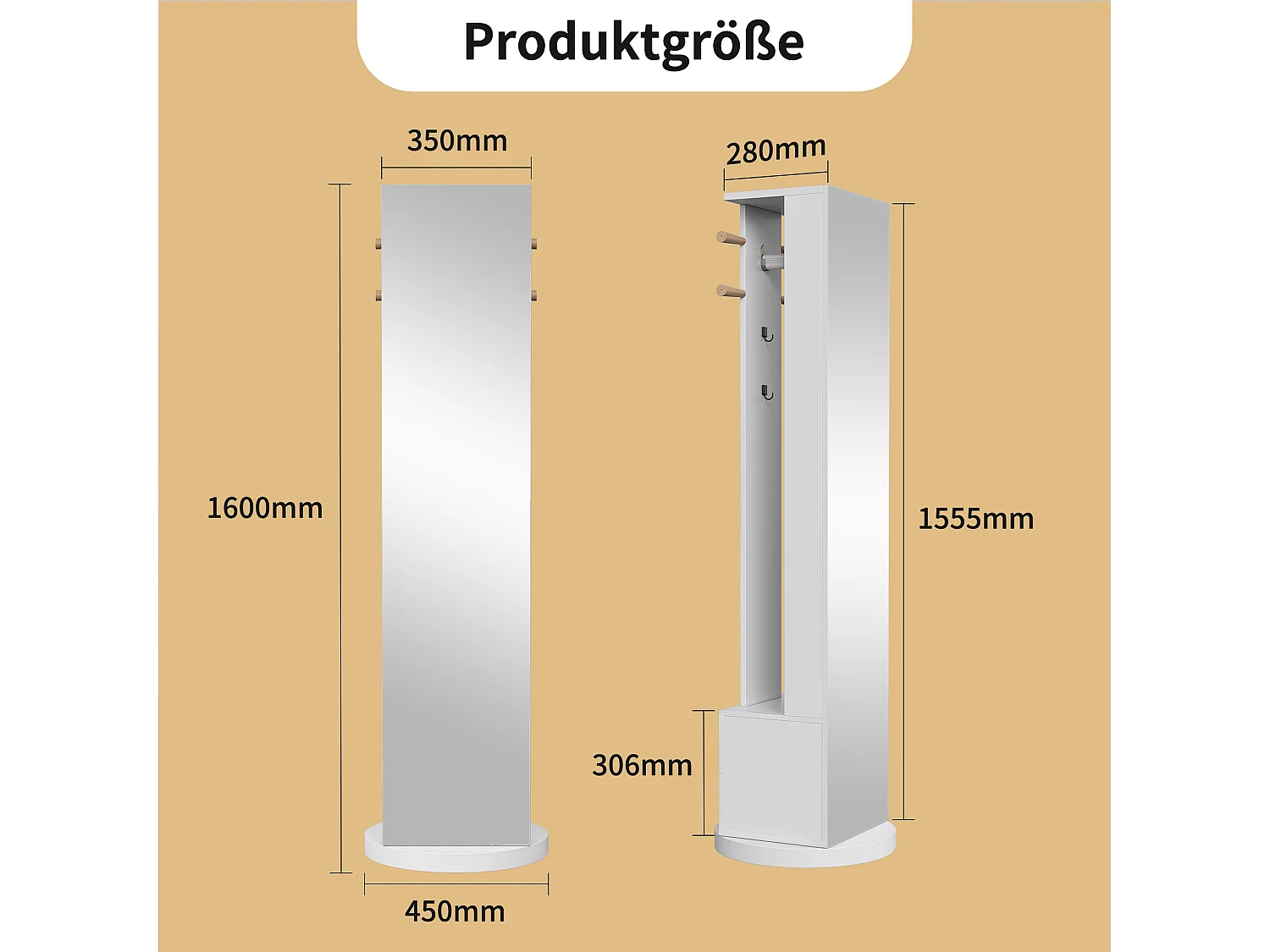Espejo de pie 3 en 1, giratorio 360°, de madera maciza, con armario y 2 cajones, 160 x 45 cm