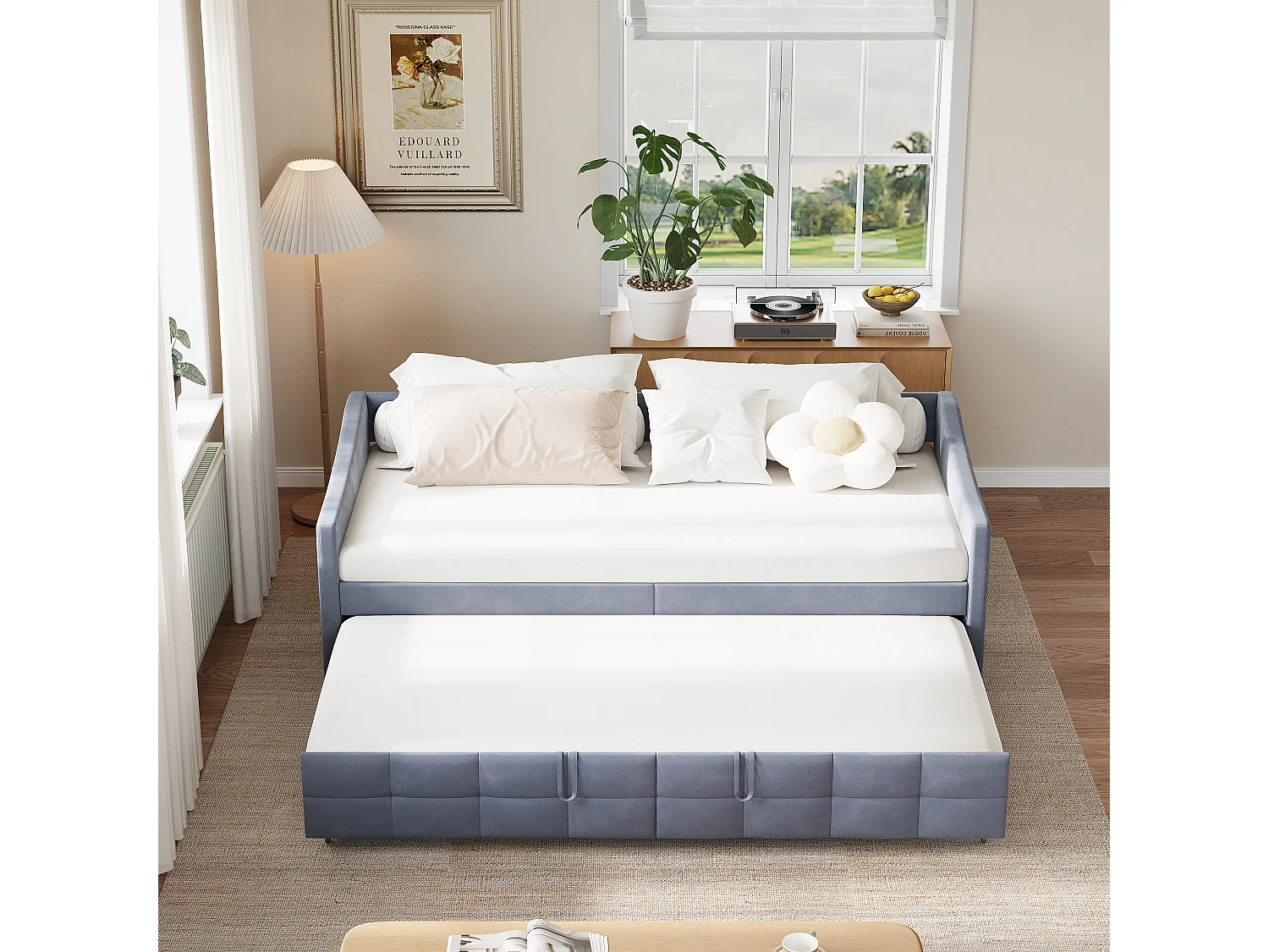 Sofá-cama rebatível 90/180x200 cm - Cama de casal com estrado de ripas - Veludo - cinzento