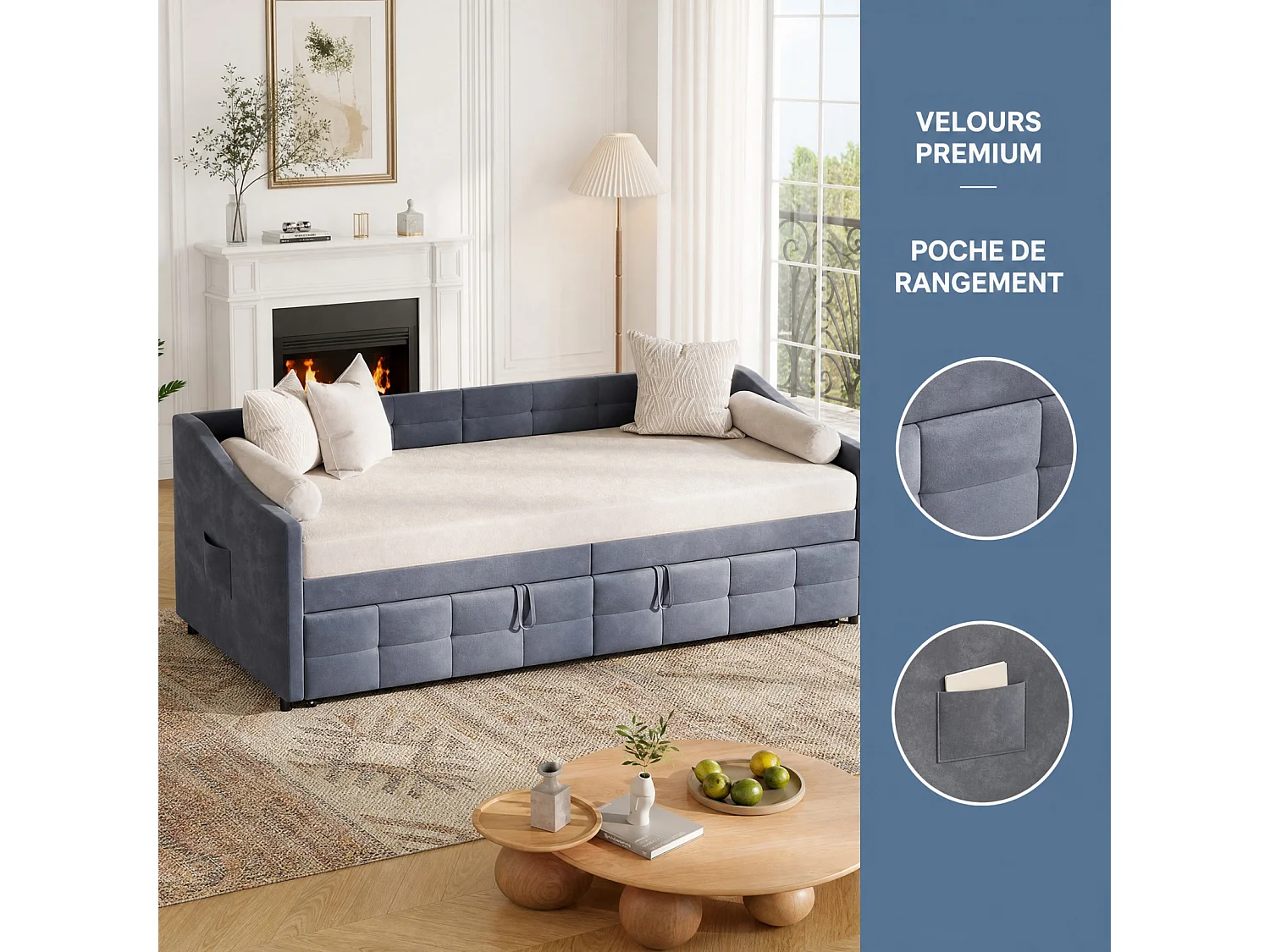 Sofá-cama rebatível 90/180x200 cm - Cama de casal com estrado de ripas - Veludo - cinzento