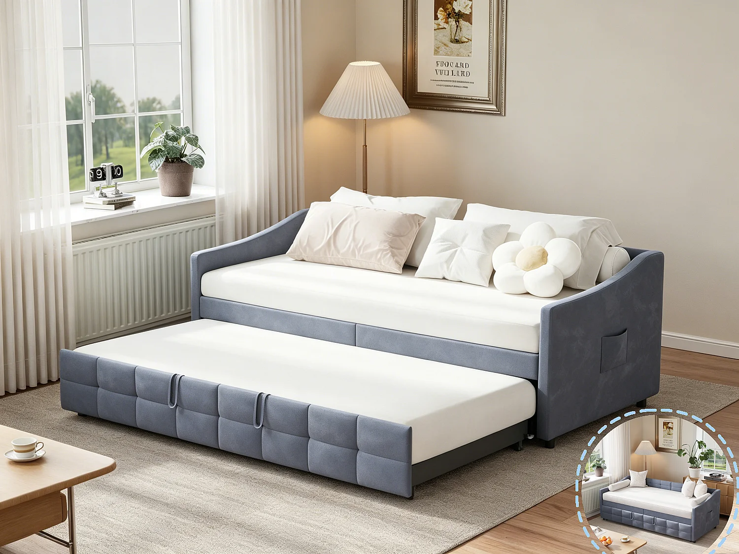Sofá-cama rebatível 90/180x200 cm - Cama de casal com estrado de ripas - Veludo - cinzento