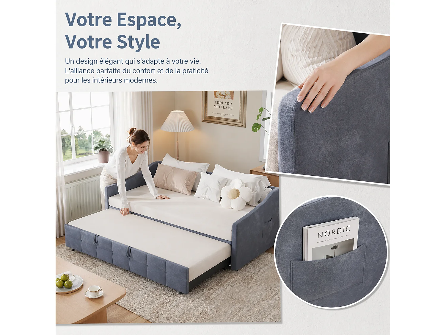 Sofá-cama rebatível 90/180x200 cm - Cama de casal com estrado de ripas - Veludo - cinzento