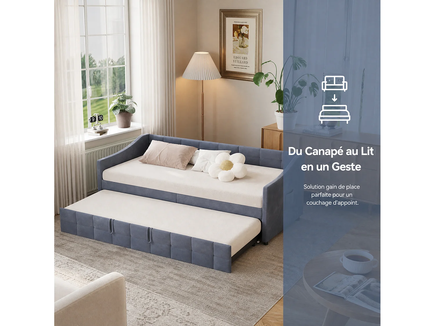 Sofá-cama rebatível 90/180x200 cm - Cama de casal com estrado de ripas - Veludo - cinzento