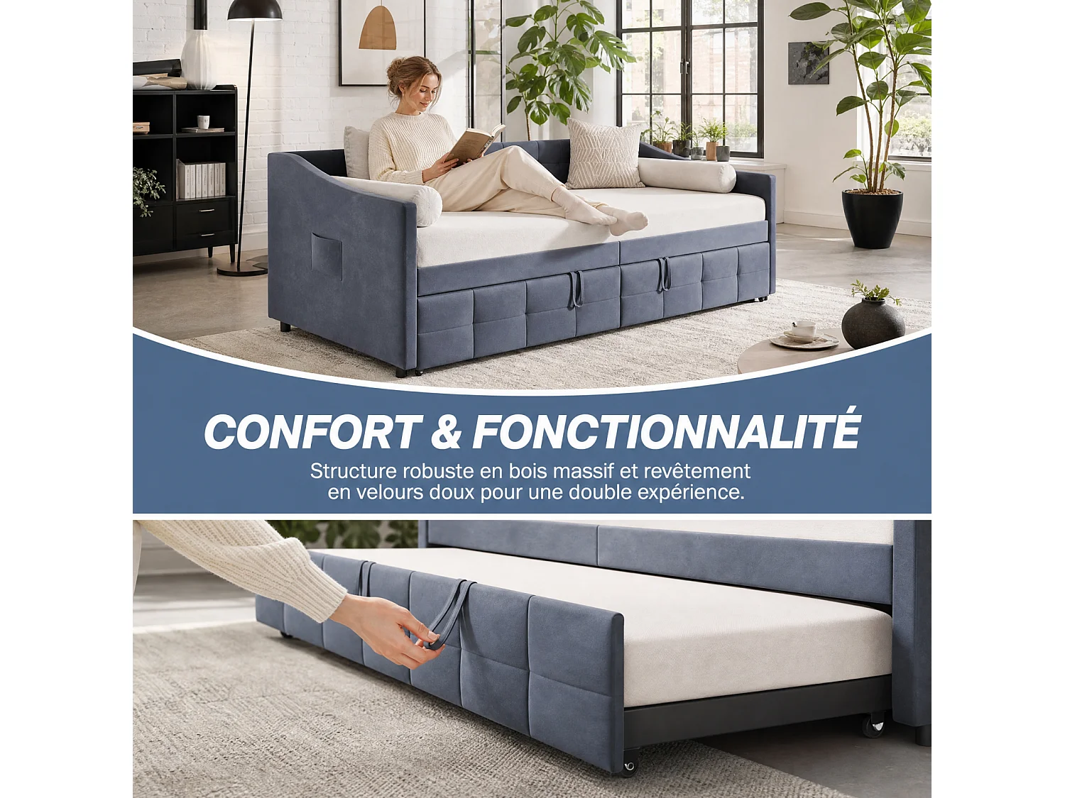 Sofá-cama rebatível 90/180x200 cm - Cama de casal com estrado de ripas - Veludo - cinzento