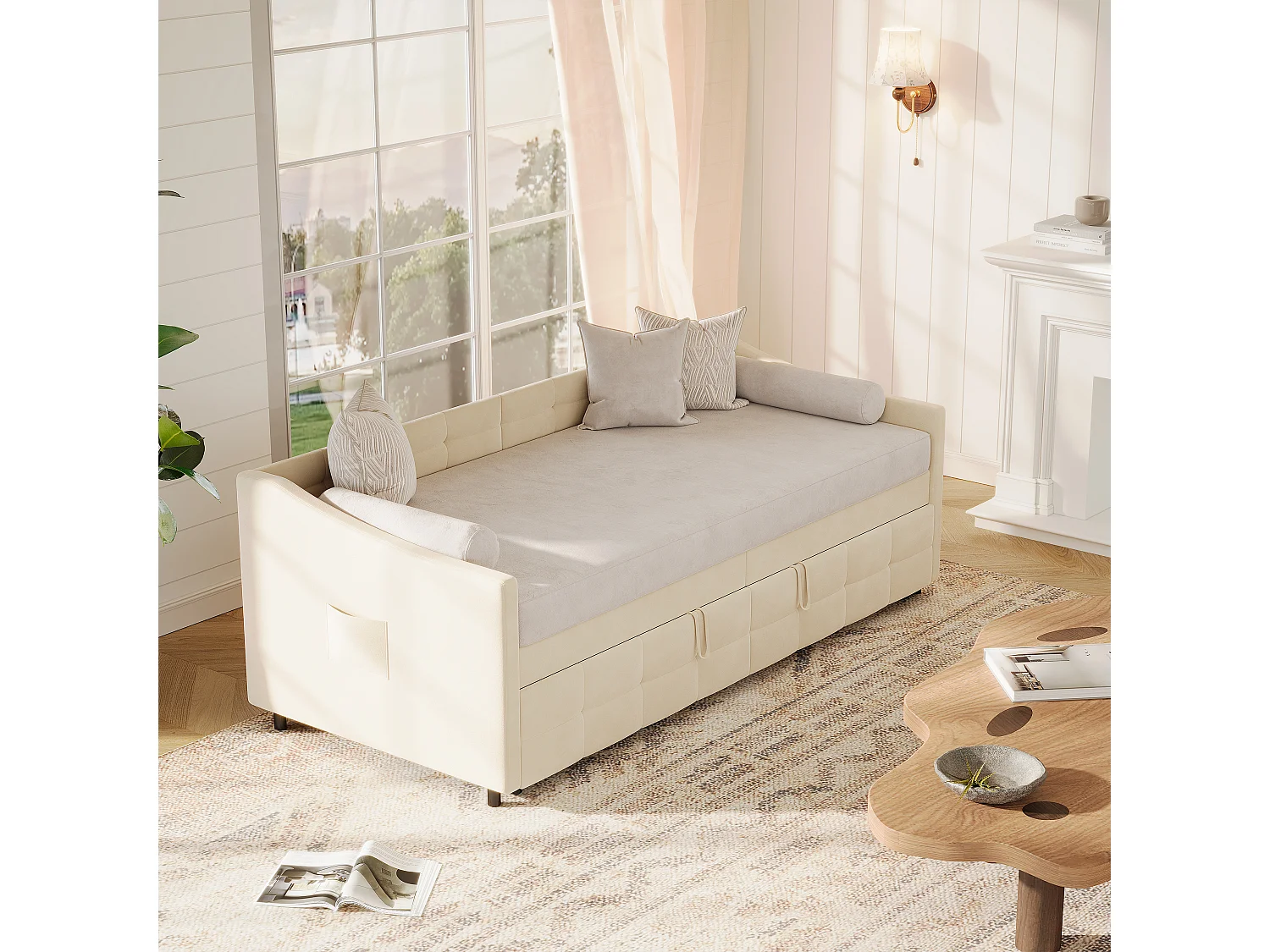 Cama nido 90/180x200 cm - Sofá cama plegable - Cama doble con somier - Terciopelo - Beige