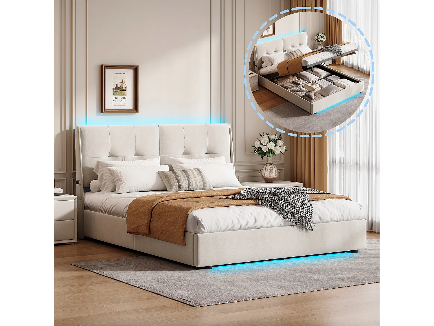 Lit coffre 160x200cm avec éclairage LED et espace de rangement hydraulique - poches latérales dans la tête de lit - beige