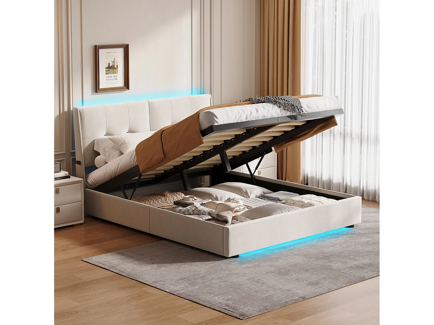Cama con canapé de 160x200cm con iluminación LED y espacio de almacenamiento hidráulico - bolsillos laterales en el cabecero - beige