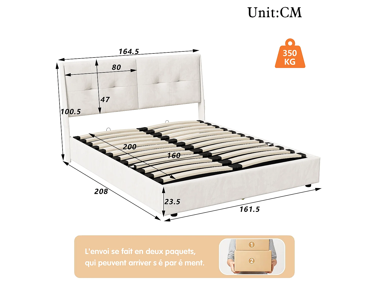 Cama con canapé de 160x200cm con iluminación LED y espacio de almacenamiento hidráulico - bolsillos laterales en el cabecero - beige